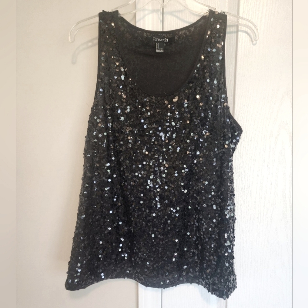 Forever 21 Sequin Black Sparkly Tank Top Shirt Night Out Dressy Nwot Large Glam